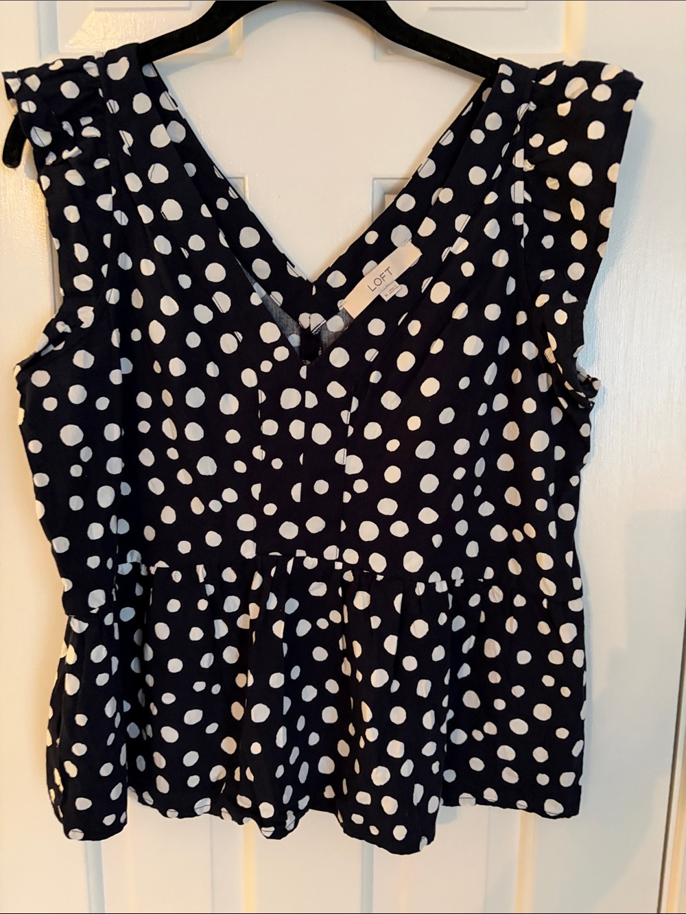 LOFT Dark Navy and White Polka Dot Peplum Blouse